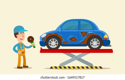 Mechanic removes rust, erosion from a car with grind tool. Car body repair, renovation of rusty auto and painting. Vector illustration, flat design, cartoon style, isolated background, side view.