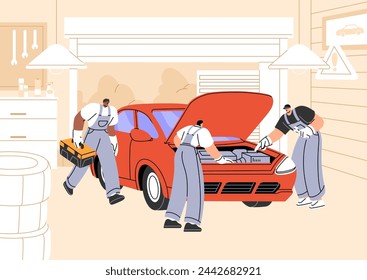 Mechanic repair auto electrician. Repairmen fix breakdowns of automobile engine. Men examine car with open hood. Maintenance in garage of service center, workshop station. Flat vector illustration