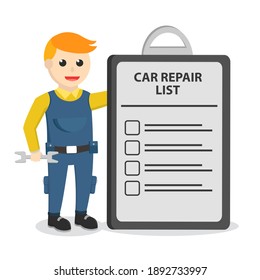 mechanic with repair list clipboard design character on white background