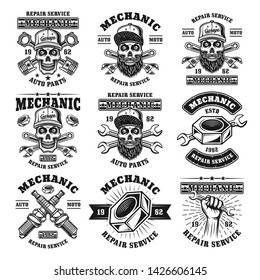 Mechanic and repair service set of vector emblems, labels, badges or logos in monochrome vintage style isolated on white background