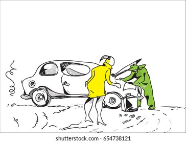 A mechanic repairing a broken car while a female driver waiting, illustration on white