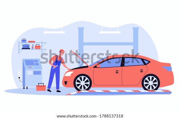 Mechanic repairing car in garage\
isolated flat vector illustration. Cartoon auto service man fixing\
damage in engine. Automobile, vehicle and maintenance\
concept