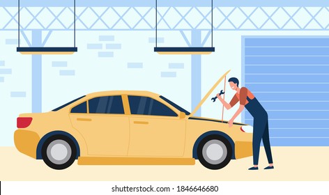 Mechanic repairing car in garage with tool isolated flat vector illustration. Cartoon man fixing or checking engine of vehicle. Auto service and maintenance concept