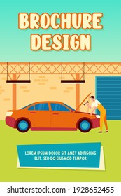 Mechanic repairing car in garage with tool isolated flat vector illustration. Cartoon man fixing or checking engine of vehicle. Auto service and maintenance concept