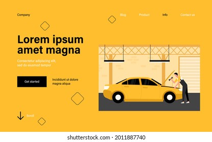 Mechanic repairing car in garage with tool isolated flat vector illustration. Cartoon man fixing or checking engine of vehicle. Auto service and maintenance concept