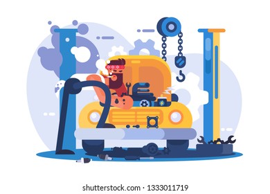 Mechanic repairing car in garage vector illustration. Diagnostics of machines in service station flat style concept. Worker fixing vehicle in workshop. Isolated on white