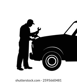 A Mechanic Repairing a Car With a Wrench in Hand, Representing Technical and Automotive Labor