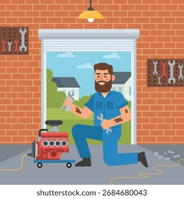Mechanic repairing engine in garage