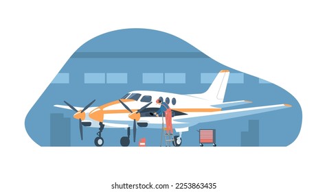 Mechanic is repairing the engine of a turboprop aircraft. Vector illustration.