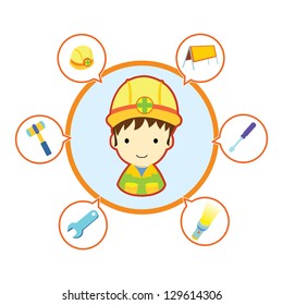 Mechanic repairman with job tool icons , Cartoon vector illustration