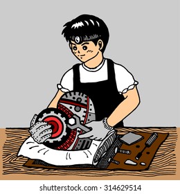 the mechanic repairs the broken heart, cartoon character
