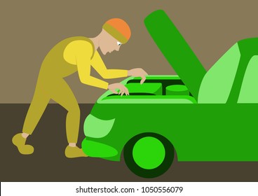 Mechanic repairs car motor