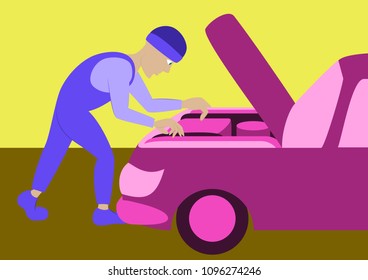 Mechanic repairs car motor