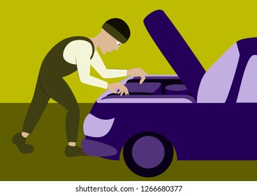 Mechanic repairs car motor