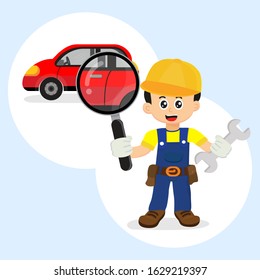  Mechanic repairs car on light blue background.