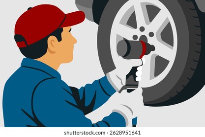 mechanic repairs wheel illustration pastel color design vector art