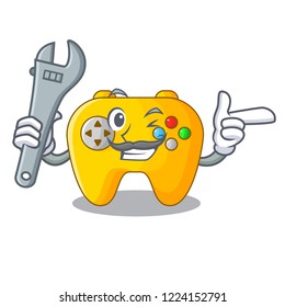 Mechanic retro computer game control on mascot