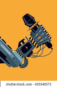 Mechanic robot hand with a microphone. Rock music poster