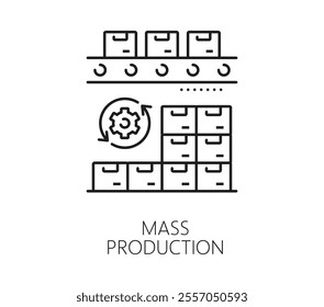 Mechanic robot manufacture line icon of automatic and manual mass production, vector pictogram. Manufacture robot conveyor and automated machine factory icon for robotic production technology