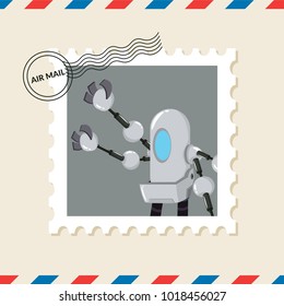Mechanic robot postage stamp on air mail envelope