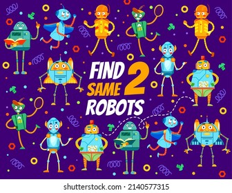 Mechanic robots and droids on find two same game worksheet. Preschool kids differences matching educational puzzle, vector quiz or children intelligence playing activity, quiz with matching activity