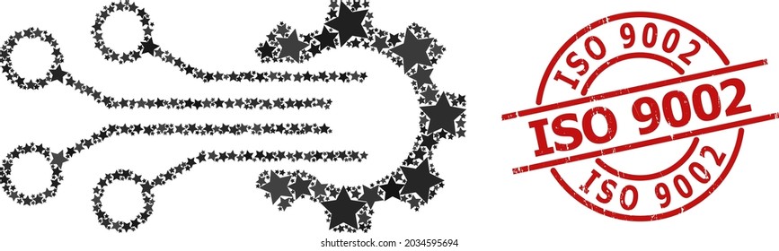 Mosaico de estrella del sensor mecánico y placa ISO 9002 de grunge. Impresión roja con estilo corroído y leyenda ISO 9002 dentro del círculo. Resumen El mosaico de sensores mecánicos se realiza con iconos dispersos de estrellas planas.