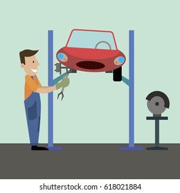 the mechanic serves. car lift. vector illustration