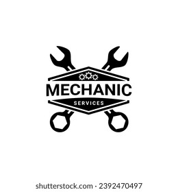 mechanic service, crossed wrench and gear logo. Vector illustration for logo, emblem design template. Service and repair.