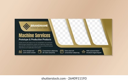 Mechanic service prototype and production machine product social media banner. horizontal layout background use dark blue colors. space for photo collage combined gold gradient on element and headline