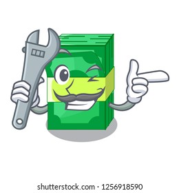 Mechanic set money in packing bundles cartoon