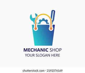 mechanic shop logo design template. bag and tools illustration vector