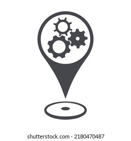 Mechanic shop map location marker for Auto repair shop, Garage, Service and Maintenance businesses. Cogwheels on a location marker, vector