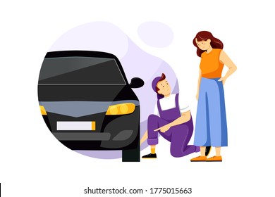 Mecánico que muestra al cliente el problema con el coche. Concepto de Ilustración vectorial.