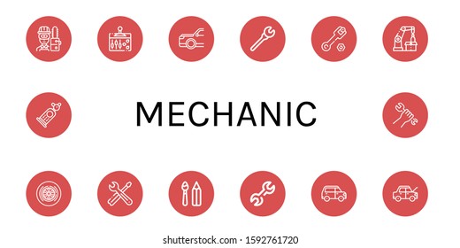 mechanic simple icons set. Contains such icons as Carpenter, Lever, Car, Wrench, Robotic arm, Wheel, Tools, Paint tools, can be used for web, mobile and logo