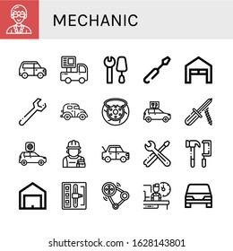 mechanic simple icons set. Contains such icons as Technician, Car, Tools, Screwdriver, Garage, Wrench, Brake, Repairman, Shift stick, Transmission, can be used for web, mobile and logo