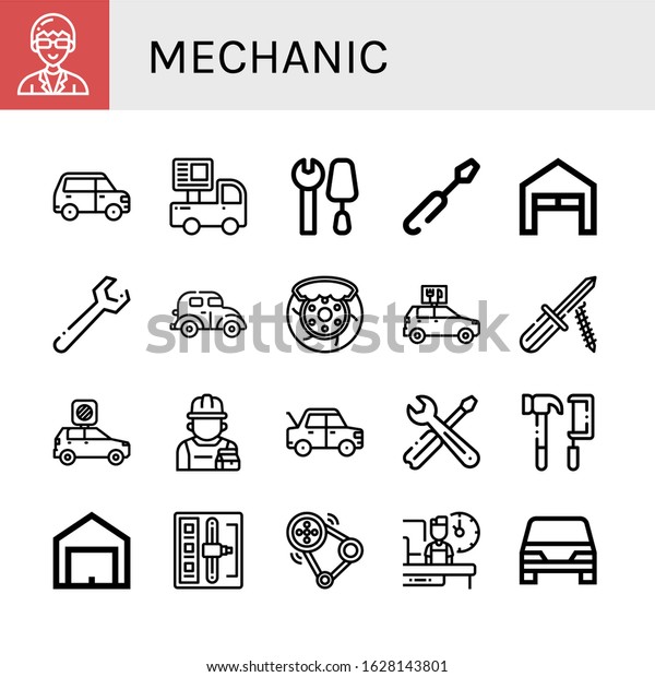mechanic simple icons set. Contains such icons as\
Technician, Car, Tools, Screwdriver, Garage, Wrench, Brake,\
Repairman, Shift stick, Transmission, can be used for web, mobile\
and logo