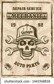 Mechanic skull in cap and two crossed wrenches poster in vintage style vector illustration. Layered, separate grunge textures and text