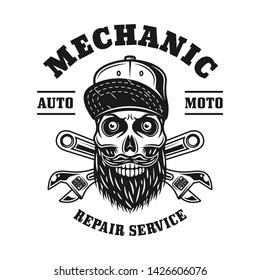 Mechanic skull and crossed adjustable wrenches vector emblem, label, badge or logo in monochrome vintage style isolated on white background