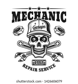 Mechanic skull vector emblem, label, badge or logo for auto repair service in monochrome vintage style isolated on white background