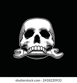 Mechanic skull with wrench in mouth engraving isolated vector illustration. Design element for shirt design, logo, sign, poster, banner.