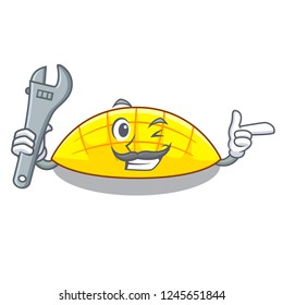 Mechanic slices mango on with cartoon funny