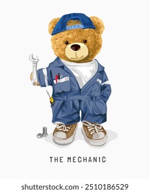 o slogan mecânico com boneca de urso na ilustração mecânica vetor global