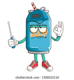 Mechanic of soda can cartoon character holding a screwdriver with funny flat expression