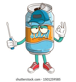 Mechanic of soda can cartoon character holding a screwdriver with funny flat expression