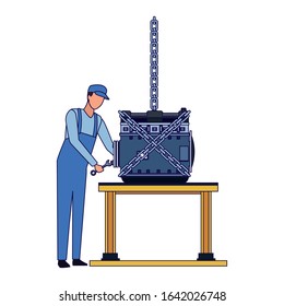 mechanic standing fixing a car engine on a table over white background, flat design, vector illustration