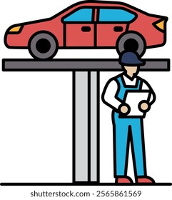 A mechanic is standing on a lift with a red car in front of him. He is holding a clipboard and he is inspecting the car