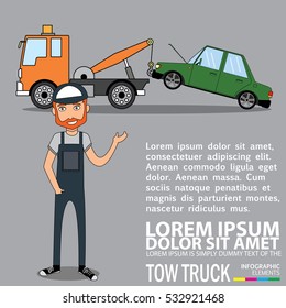 mechanic standing and smiling. In the background damage car. Profession concept of auto mechanic or tow truck operator. Flat Vector illustration