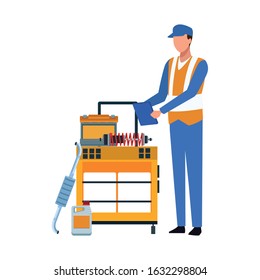 mechanic standing at tools trolley icon over white background, vector illustration