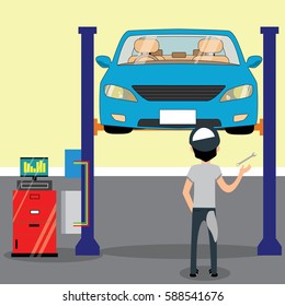 Mechanic standing under car and repairing a car lifted on auto hoist. Front view. Flat vector style 