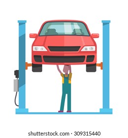 Mechanic standing under underbody and repairing a car lifted on auto hoist. Front view. Flat style vector illustration isolated on white background.